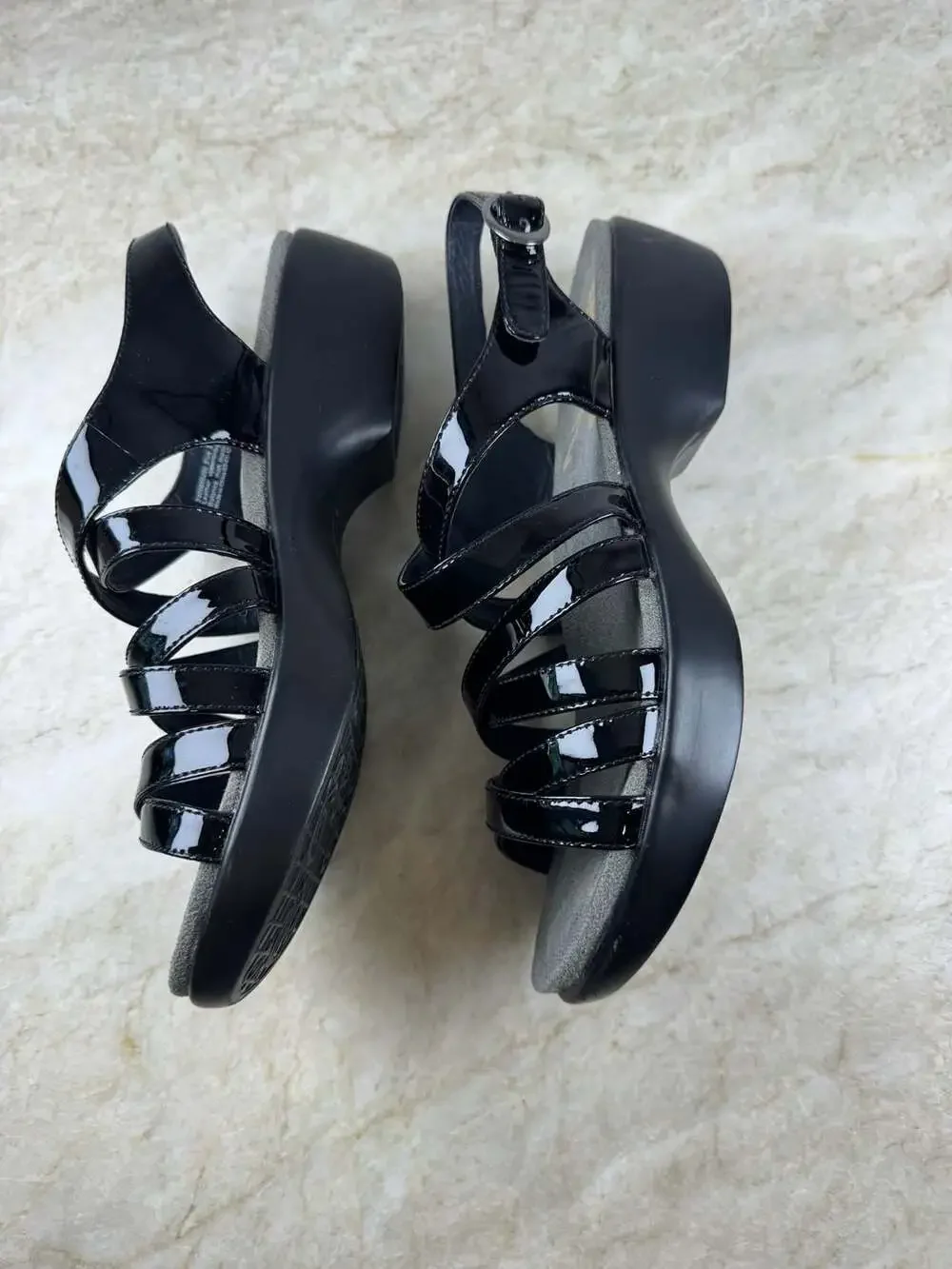 Dansko Dani Black Patent Leather Strappy Slingback Wedge Sandals Comfort EU 37